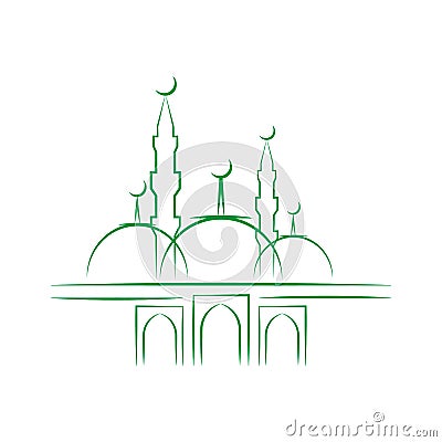 Eid Al Adha. Lettering composition of moslim holy month with mosque building. Vector Illustration