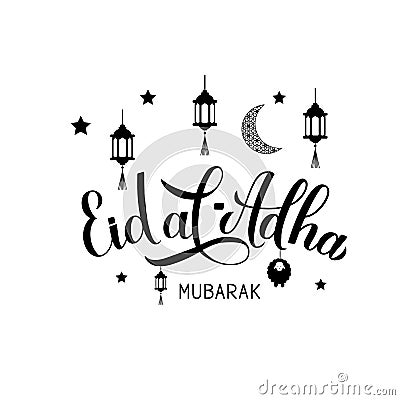 Eid al-Adha lettering lanterns, lamb, moon and stars isolated on white. Kurban Bayrami typography poster. Islamic traditional Vector Illustration