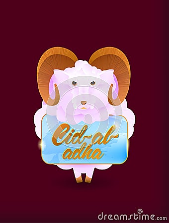 Eid al-Adha in lettering style with gold banner and ram or sheep. Vector illustration design Cartoon Illustration