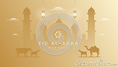 Eid al adha mubarak background, banner, greeting design with gradient gold color theme. Silhouette mosque lamb, goat and camel Vector Illustration