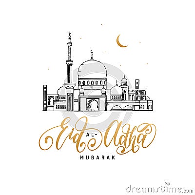 Eid al-Adha Mubarak calligraphic inscription translated into English as Feast of the Sacrifice. Vector Illustration