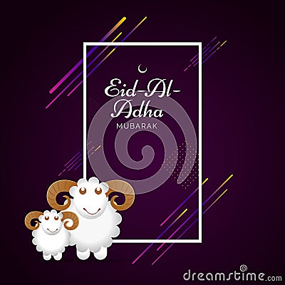 Eid-Al-Adha Mubarak, Islamic Festival of Sacrifice with Paper-Art Illustration of Two Cartoon Sheep on Rectangle Frame Stock Photo