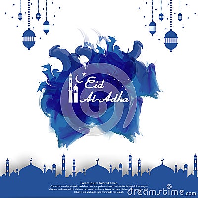 Eid al Adha Mubarak islamic greeting card design. abstract blue watercolor design with dome mosque ornament and hanging lantern el Vector Illustration