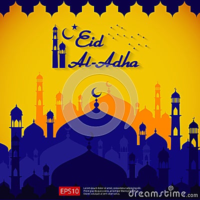 Eid al Adha Mubarak islamic greeting card design with dome mosque element in paper cut style. background Vector illustration Vector Illustration