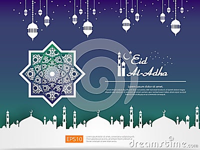 Eid al Adha Mubarak islamic greeting card design with dome mosque and hanging lantern element in paper cut style. abstract mandala Vector Illustration