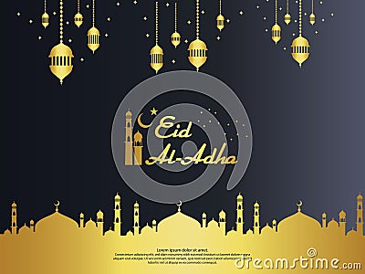 Eid al Adha Mubarak islamic greeting card design with dome mosque and hanging lantern element in paper cut style. background Vecto Vector Illustration