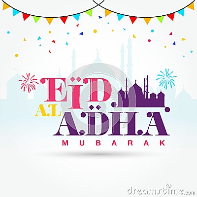 Eid al Adha mubarak logotype with mosque, confetti as background Vector Illustration