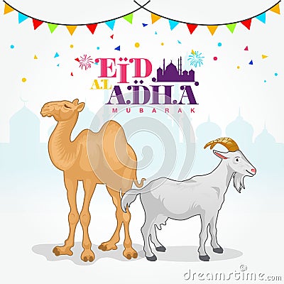 Eid al Adha logo with goat and camel Vector Illustration