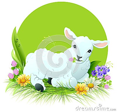 Eid al Adha. White lamb lying on grass Vector Illustration