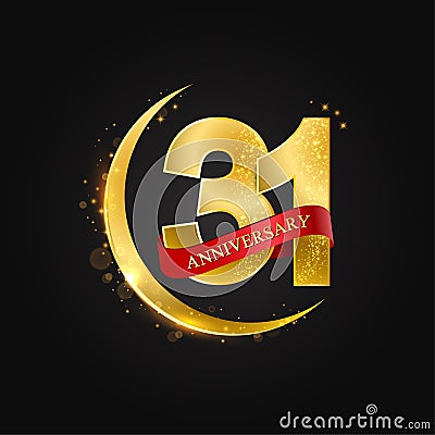 Eid al Adha 31 years anniversary.Pattern with arabic golden, gold half moon and glitter. Cartoon Illustration