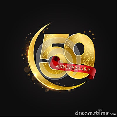 Eid al Adha 59 years anniversary.Pattern with arabic golden, gold half moon and glitter. Cartoon Illustration