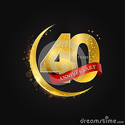 Eid al Adha 40 years anniversary.Pattern with arabic golden, gold half moon and glitter. Cartoon Illustration