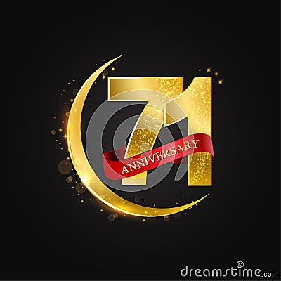 Eid al Adha 71 years anniversary.Pattern with arabic golden, gold half moon and glitter. Cartoon Illustration