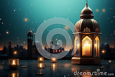 Eid Al Fitr concept mosque silhouette, lantern, and heavenly window Stock Photo