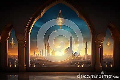 Eid Al Fitr concept mosque silhouette, lantern, and heavenly window Stock Photo