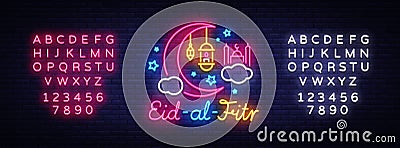 Eid-Al-Fitr festive card design template in modern trend style. Neon style, Islamic and Arabic background for the Vector Illustration