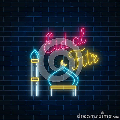 Eid al fitr greeting card with with mosque dome and minaret. Glowing neon ramadan holy month sign Vector Illustration