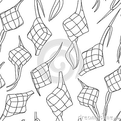 Eid al fitr ketupat rice cake black and white seamless pattern Vector Illustration