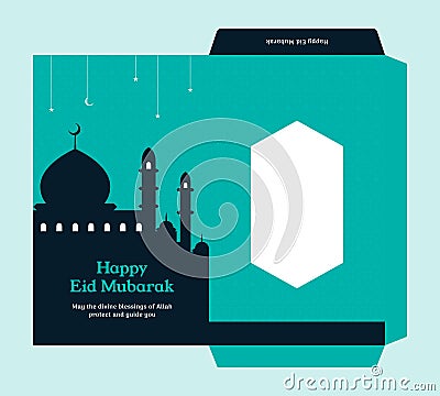Eid al fitr money envelope for islam great day celebration gift template design with mosque silhouette background . ready to print Vector Illustration