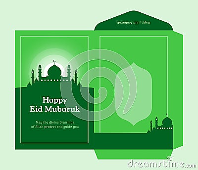 Eid al fitr money envelope for islam great day celebration gift template design with mosque silhouette background . ready to print Vector Illustration