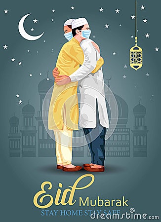 Eid-Al-Fitr Mubarak poster or banner design with illustration of young men hugging each other in occasion of Islamic Festival Eid Vector Illustration