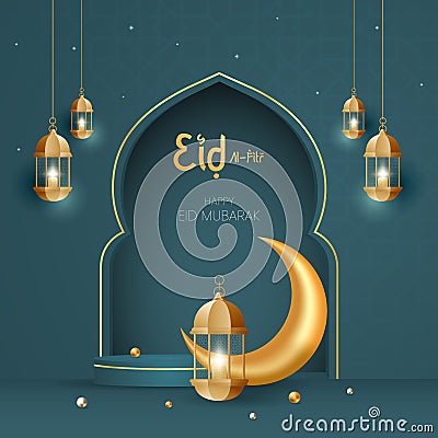 Eid Al Fitr mubarak square banner with 3D ellements illustration Vector Illustration