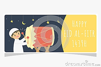 Eid Al Fitr Ramadan Banner, Muslim Boy Hitting Bedug Vector Design Vector Illustration