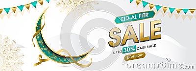 Eid- Al-Fitr sale header or banner design with 30% cashback offer. Cartoon Illustration