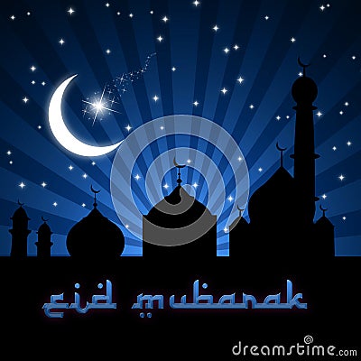 Eid Mosque Blue Night Cartoon Illustration