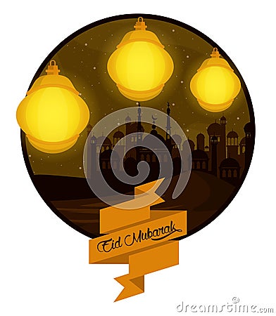 Eid mubarack design with mosque and islamic lamps round icon Vector Illustration