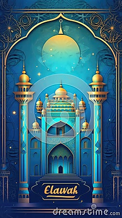 eid mubarak eid al adha greeting card with mosque image and blue tone Stock Photo