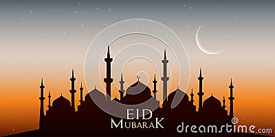 Eid Mubarak background with illustration of Mosque Masjid and moon for header banner. Cartoon Illustration