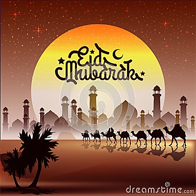 Eid Mubarak and arabian traveller on camel islamic illustration Vector Illustration