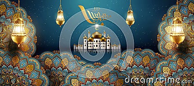 Eid mubarak blue arabesque flowers Vector Illustration