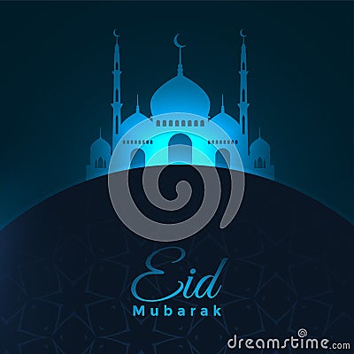 Eid mubarak blue glowing mosque background design Vector Illustration