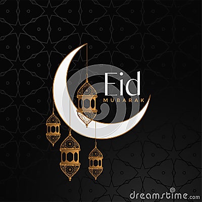 Eid mubarak celebration background with moon and hanging lantern Vector Illustration
