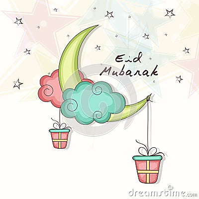 Eid Mubarak celebration with colorful moon and gifts. Stock Photo