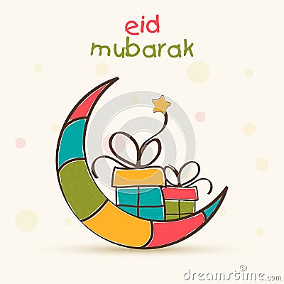 Eid Mubarak celebration greeting card with moon and gift. Stock Photo