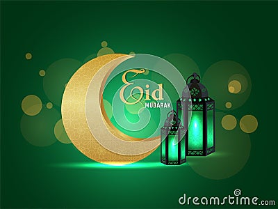 Eid mubarak celebration greeting card with vector lantern on pattern background Stock Photo