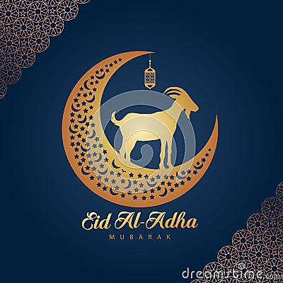 Eid Mubarak for the celebration of Muslim community festival Eid Al Adha. Greeting card with sacrificial sheep and crescent Vector Illustration