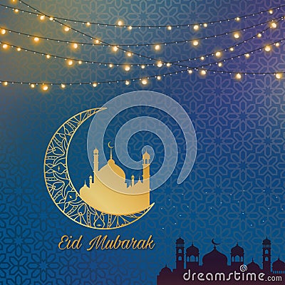 Eid mubarak cover card, Drawn mosque night view from arch. Arabic design background. Handwritten greeting card. Vector illustratio Cartoon Illustration