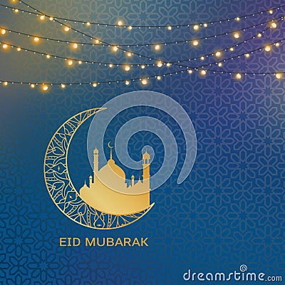 Eid mubarak cover card, Drawn mosque night view from arch. Arabic design background. Handwritten greeting card. Vector illustratio Cartoon Illustration