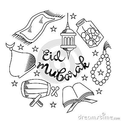 Eid mubarak doodle design vector art line Vector Illustration