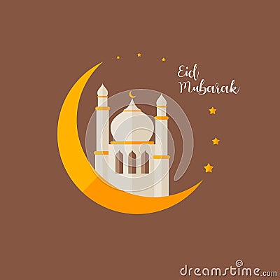 Eid mubarak flat banner vector illustration. Happy celebration Islamic design style, mosque and moon elements Vector Illustration