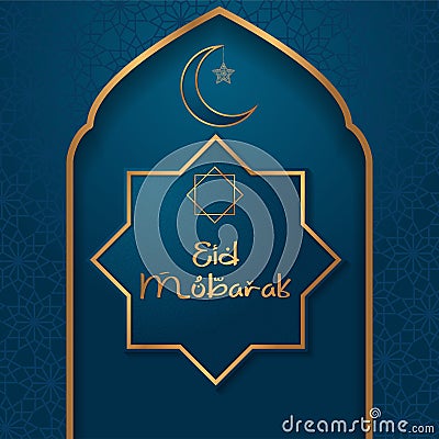 Eid mubarak greeting in door mosque illustration and crescent Vector Illustration