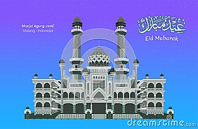 Eid Mubarak greeting with Arabic calligraphy and Masjid Agung Jami`, Malang - Indonesia Vector Illustration