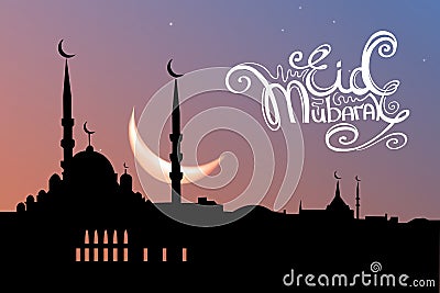 Eid Mubarak greeting card with mosque silhouette on sunset sky and handwritten lettering Cartoon Illustration