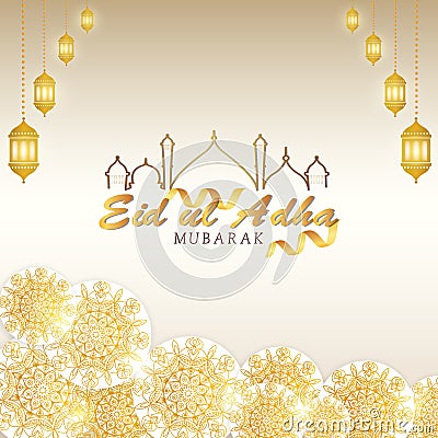 Eid Mubarak greeting Card Vector in golden color, Wishing for Islamic festival for banner,brochure and sale background in paper Vector Illustration