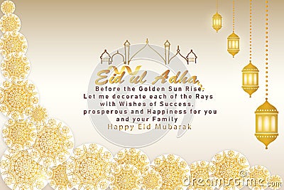 Eid Mubarak Greeting for the celebration of Muslim community festival, Eid al-Adha card. Banner with golden crescent, lantern, Vector Illustration