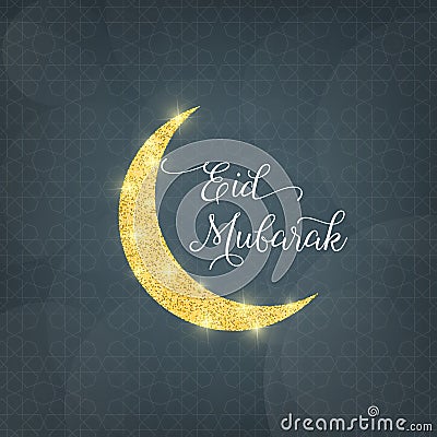 Eid Mubarak. Illustration with gold glitter moon. Card for Islamic Ramadan holiday Vector Illustration